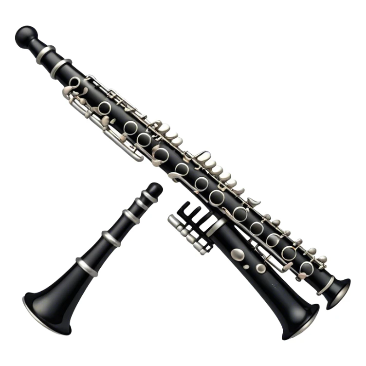 Create an emoji, representing a black standard clarinet. The design should feature a smooth, glossy black body of the clarinet with shiny, silver keys clearly visible. Highlight the intricate details of the mouthpiece and reed at the top, while the body of the instrument should remain simple and elegant. Add subtle musical notes or soundwaves floating around the instrument to symbolize its clear, melodic sound. Use black for the body, silver for the keys, and soft lighting effects to give the instrument a polished, sophisticated look. The background should be transparent. sticker