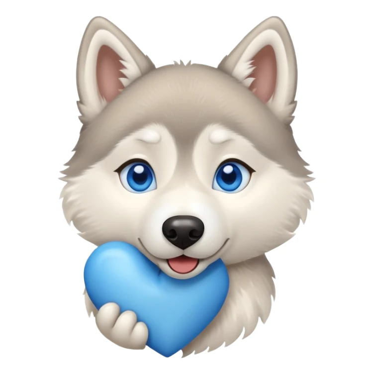 Beige husky with blue eyes holding a blue heart sticker