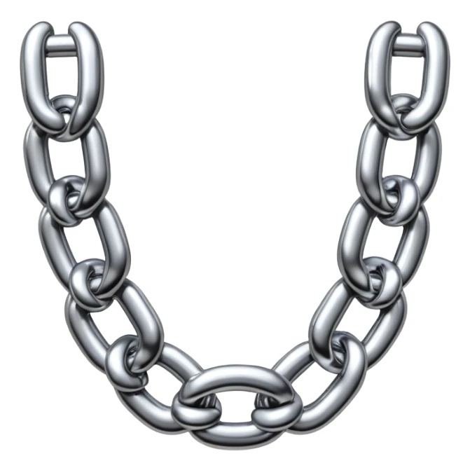 A thick luxury chain emoji made of liquid silver chrome, smooth rounded links, glossy metallic reflections, heavy swag aesthetic, minimalistic iOS emoji style, centered, clean white background sticker