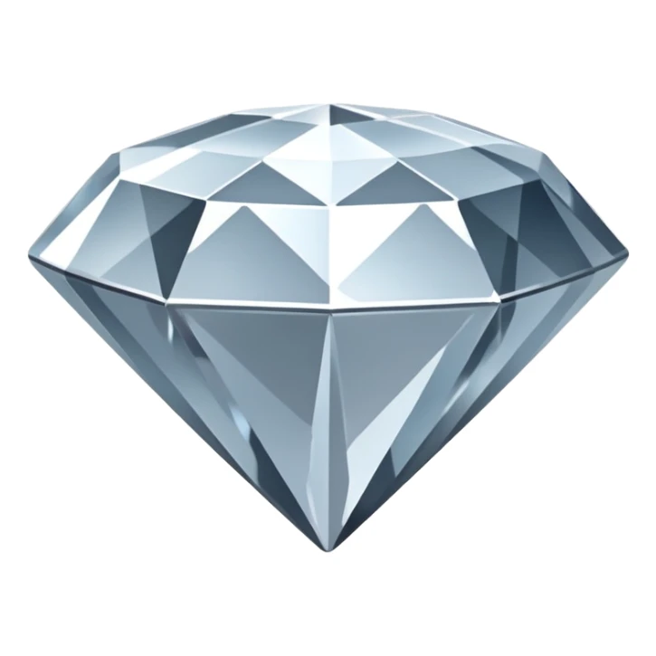 A faceted diamond emoji made of silver chrome, smooth reflective surfaces, soft metallic shine, minimalistic and clean design, iOS emoji style, centered on white background, soft studio lighting sticker