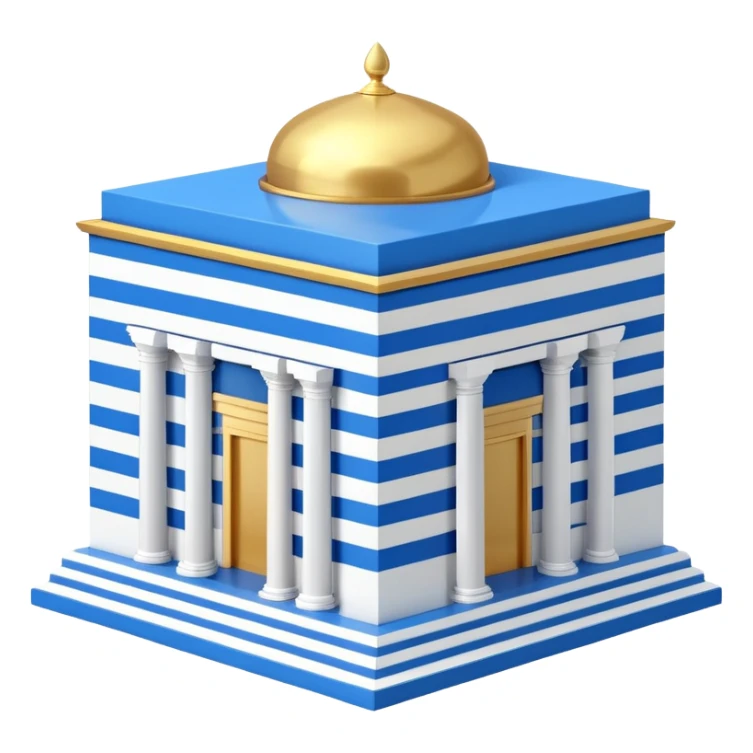 A cubic-shaped temple with smooth, clean edges and blue and white horizontal stripes along the walls. The structure has no pillars or columns. A Polished golden dome sits centered on top of the cube, with a smooth surface and no spiral or finial at its peak. The architectural style is minimalist  sticker