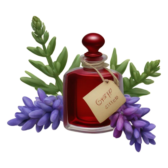 Dark red dreamy perfume bottle with red lupines and an old-fashioned letter seal sticker