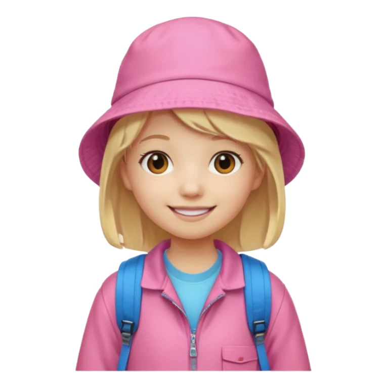 A student white skin, blonde hair, with pink bucket hat, orange jacket, blue backpack sticker