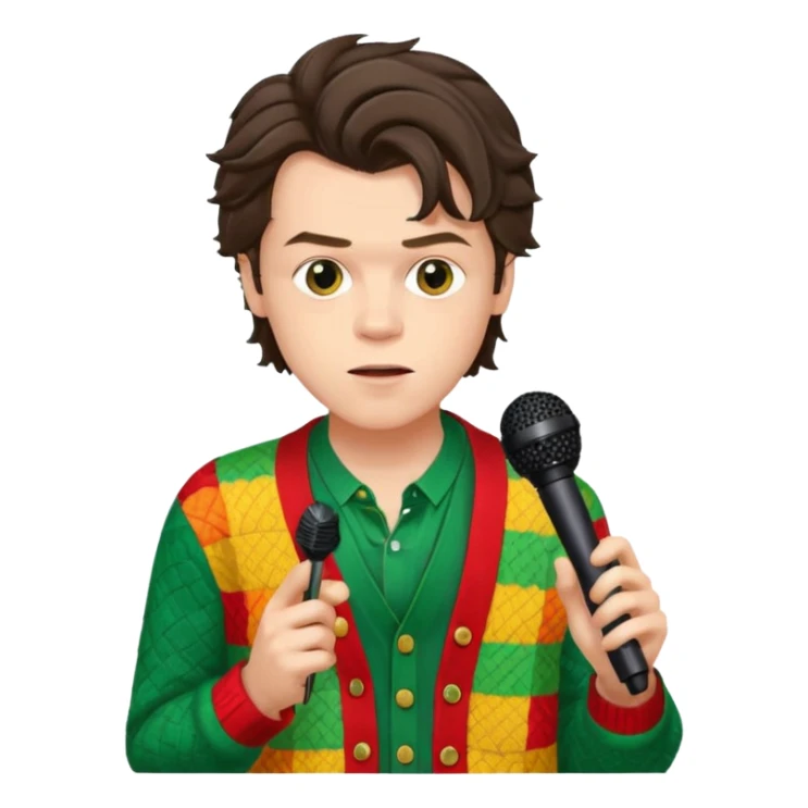 harry styles with a mic, he is wearing a patchwork colorful (red, yellow,green) cardigan sticker