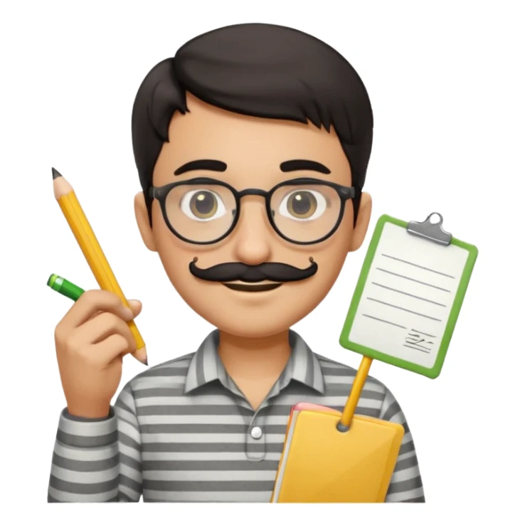 young Pakistani shopkeeper, short dark hair, round glasses, thick black mustache, smiling, light grey striped shirt, holding a handwritten receipt, yellow pencil behind ear, cartoonish, clean, rounded, friendly, no background, Apple emoji style sticker