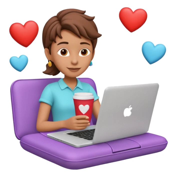 3D clay character relaxed with laptop and coffee, floating icons (hearts + dollars), colofrful modern outfit, white laptop, Pixar style, transparent background sticker