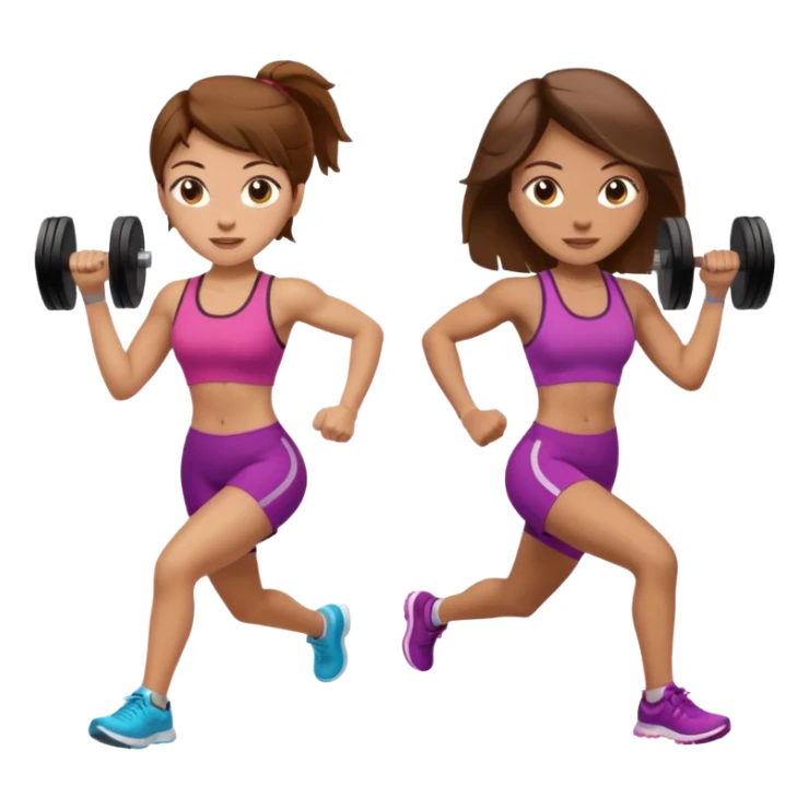 two women. the left one is running. the right one is lifting weights. they have brown hair, light skin, hazel eyes. sticker