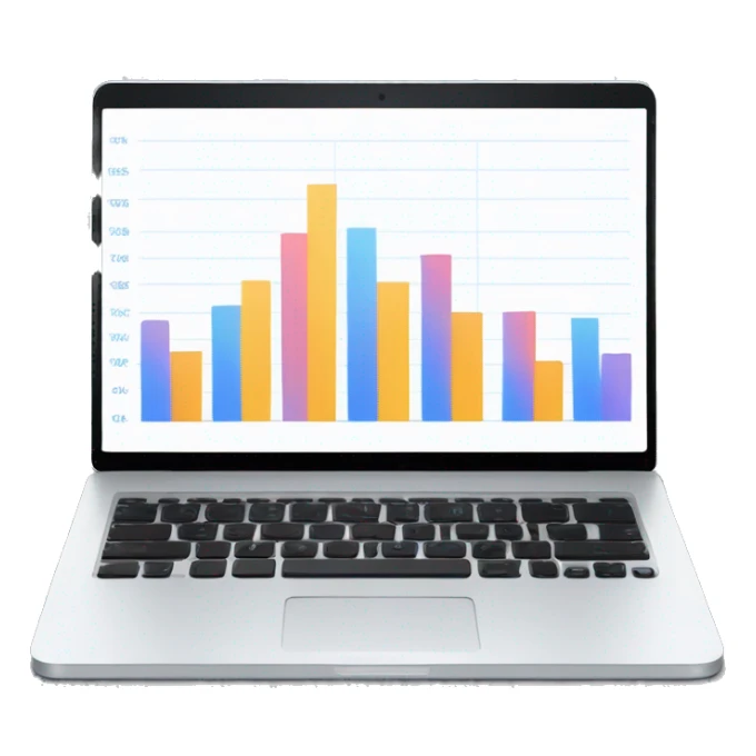A laptop with a bar chart and an upward trend sticker