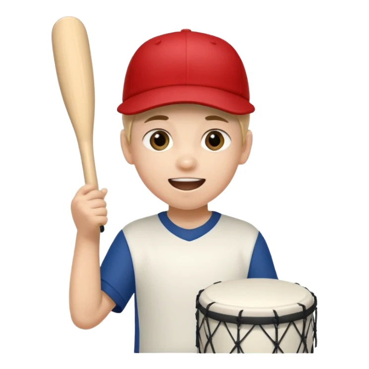 A young boy with a cap, wearing team colors, banging a small drum excitedly. sticker