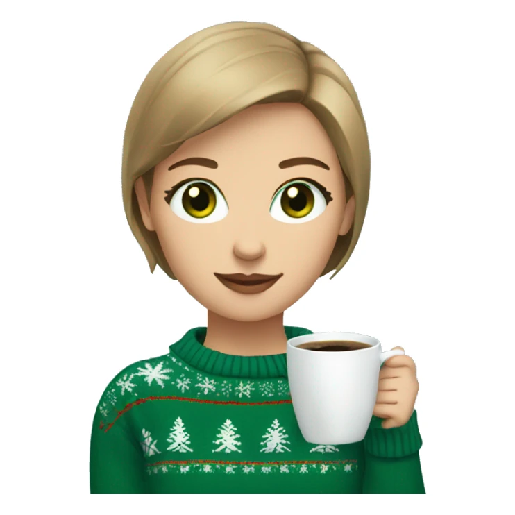 Light brown short haired girl with green eyes drinking coffee wearing blue Christmas sweater sticker