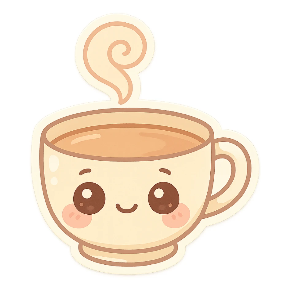chibi teacup, pastel palette, big eyes, blushing cheeks, cute steam swirl sticker