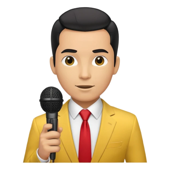 Man with black pulled back hair, wearing a yellow suit and red tie, holding a microphone sticker