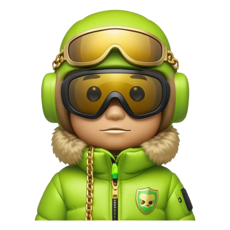 bearbrick wearing lime green balaclava with graffiti logos, futuristic shield visor sunglasses with single panoramic lens like ski goggles covering upper face, puffy fur jacket, gold chains sticker