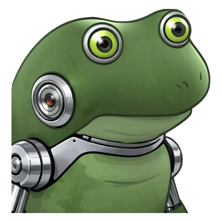 bufo robot with glowing eyes, futuristic frog robot, chrome finish, intense glowing eyes sticker