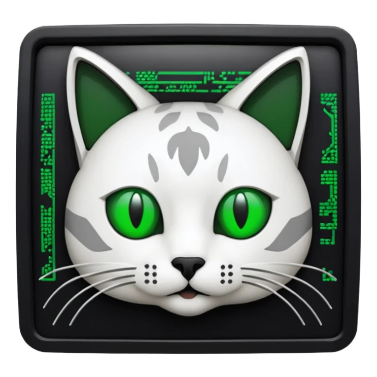 mac os icon code computer retro terminal, black, green white, cat draw as ASCII code inside the terminal sticker