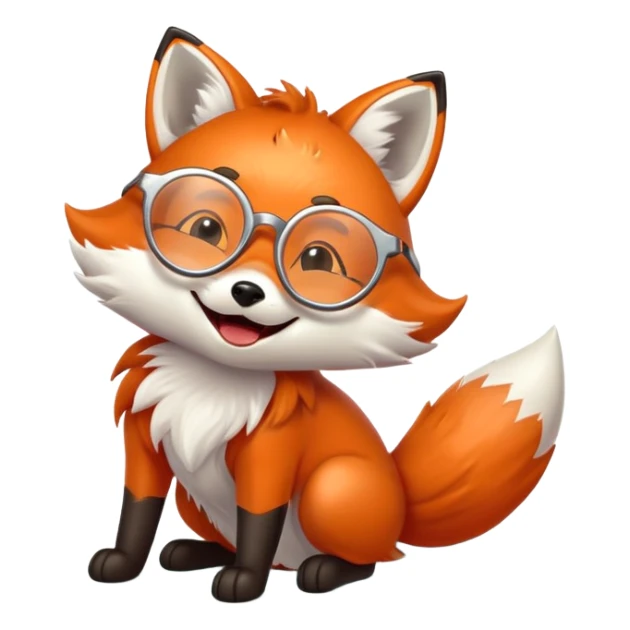 A magical fox with glowing fur, a silver star on its forehead, and round glasses, rolling on the floor and laughing uncontrollably sticker