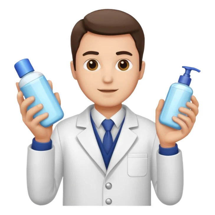 man with white coat holding skincare products sticker