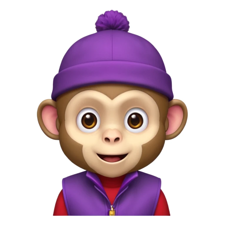 Cute monkey inspired by Abu from Aladdin, big expressive eyes, purple vest, red fez hat, mischievous grin. Emoji-style, bold outlines, bright colors, centered face on transparent background, high quality, vector style. sticker