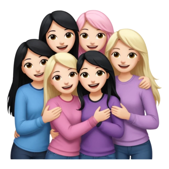 Girlfriend emoji - 5 white girlfriends, two with long dark black hair, one with medium blonde hair, one with long pale pink hair, one with short light blonde hair.  They should be laughing and hugging  sticker