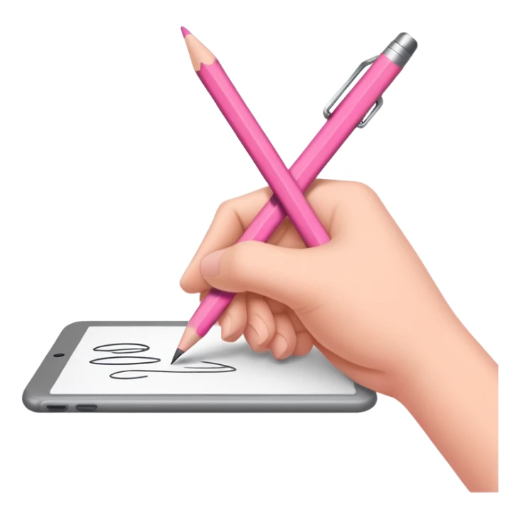 The hand writes with a pink pencil sticker