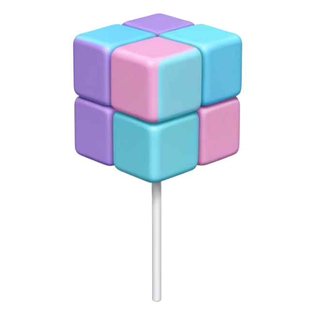 Pastel cube lollipop with stacked blocks in pink, purple, blue, and cyan. Textured, voxel-style, on a white stick. sticker