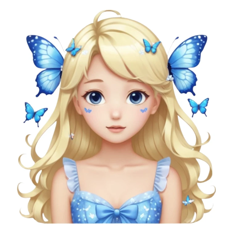 gorgeous shiny blushing pastel core glittery sparkly anime lady with butterflies and beautiful hair fairycore high quality detailed vogue trending aesthetic, blonde hair, blue and white dress sticker