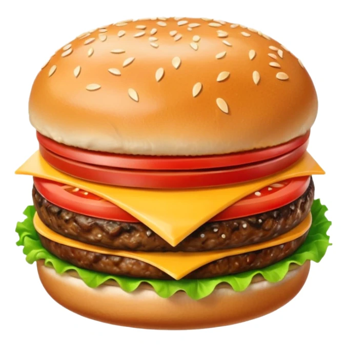A classic single patty hamburger emoji, 3D Apple style, glossy and colorful. Soft rounded bun with sesame seeds, one beef patty, fresh lettuce, tomato slice, melted cheese, realistic but cartoonish look, clean white background sticker