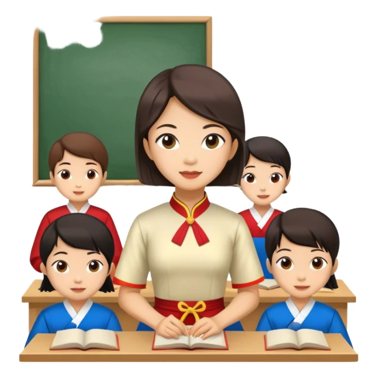 Draw me a female teacher wearing Vietnamese traditional dress teaching elementary school students. sticker