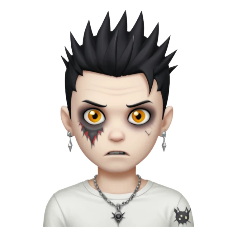 zombie boy with spiky emo black hair and white shirt , tattos, a risk on the eyebrow, earings,  a necklace emoji sticker