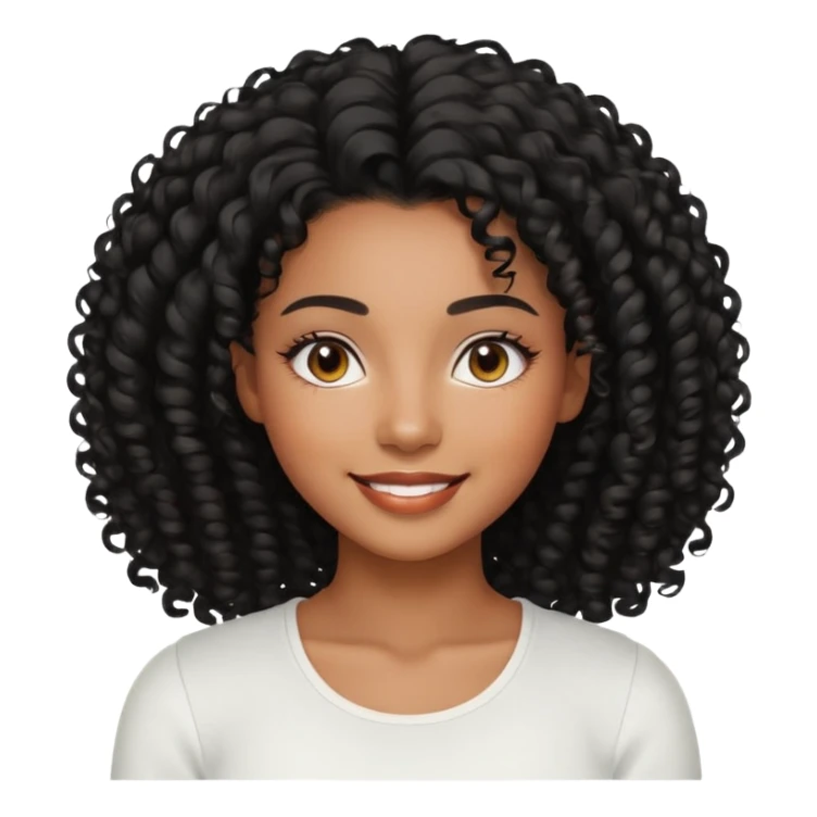 a young woman.She has voluminous, curly black hair that frames her face beautifully. Her skin tone is black light and glowing, and she has a subtle, natural makeup look. She’s smiling softly at the camera. She is wearing a white top sticker