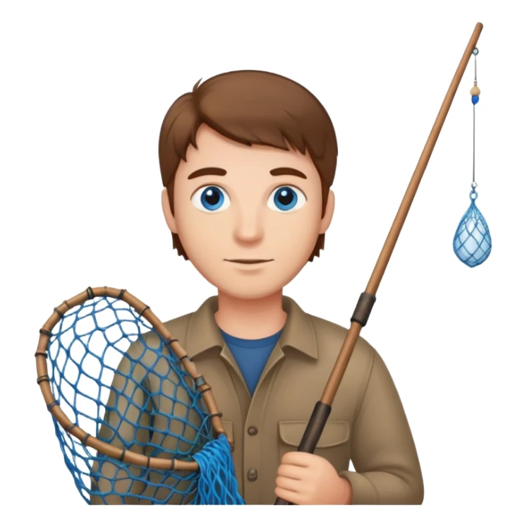 Brown haired man with blue eyes holding a fishing net sticker