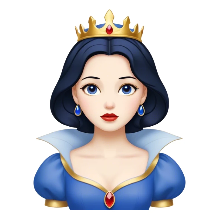 Cinematic Timeless Snow White Portrait Emoji, rendered in a clean, vector style. Depict Snow White with flawless porcelain skin, elegantly styled raven hair, and a serene, graceful expression, dressed in her classic blue and gold ensemble. The design features bold, simplified shapes, a soft, enchanting glow, and a subtle glowing outline, epitomizing pure, timeless beauty. sticker