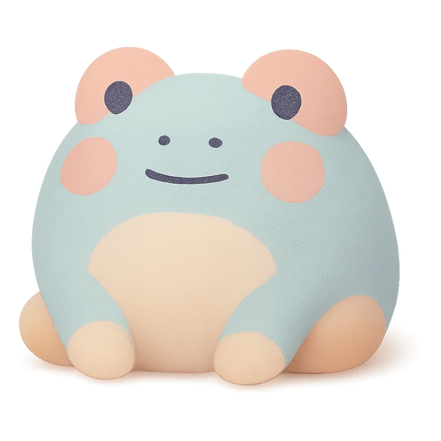 a cute frog in mochi style, soft and round, pastel colors, simple face sticker