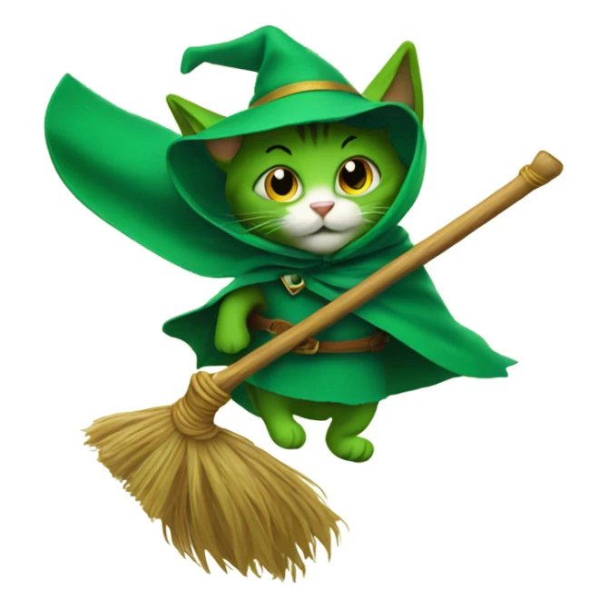 Green Cat on a broomstick with a cape  sticker