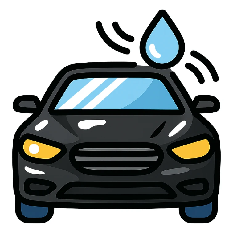 full high-end vehicle icon with glossy black mirror-like paint, strong mirror-like reflections and shine on the surface, water droplet sliding on the hood or roof, subtle repellent effect with water lines moving away, modern and clean style sticker