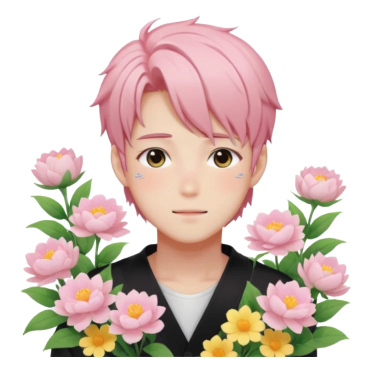 Gorgeous pastel anime style shojo guy with blushing face and flowers aesthetic trending style outside sticker