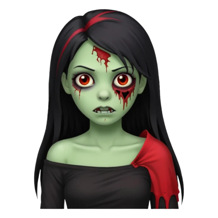 Garota zumbi com cabelo todo preto liso longo e mechas vermelhas na lateral da cabeça dos dois lados, usando uma blusa com um lado da manga caida preta  sticker