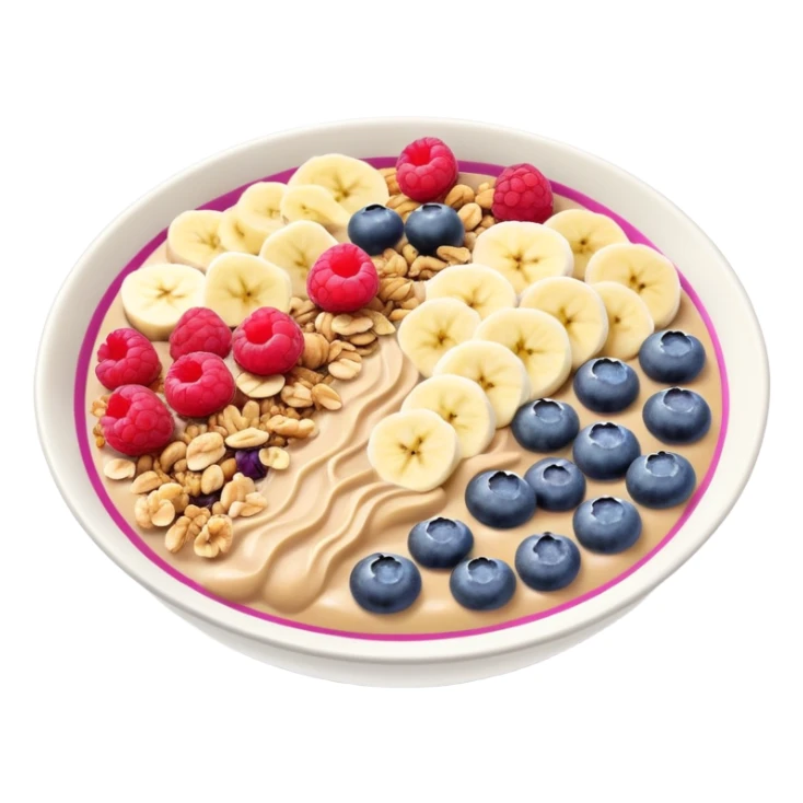 smoothie bowl with bananas, raspberries, blueberries, granola and peanut butter sticker