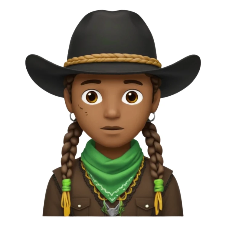 Black boy with 3 braids on each side of face wearing a black cowboy hat with green bandana around his neck sticker