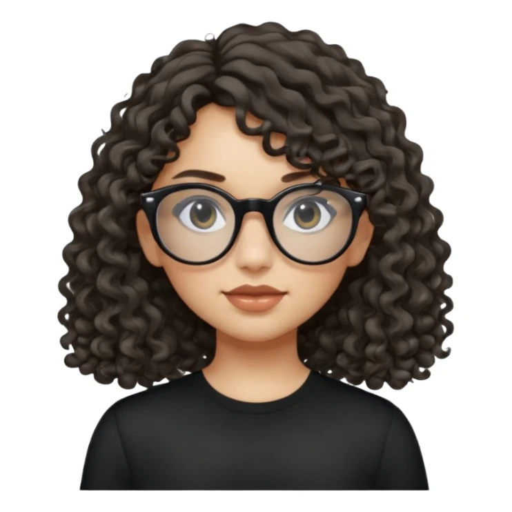 create a frontend girl that has a round face long curly hair with a side curtain bangs and wears black square rayban glasses doesnt smile with her teeth and white sticker