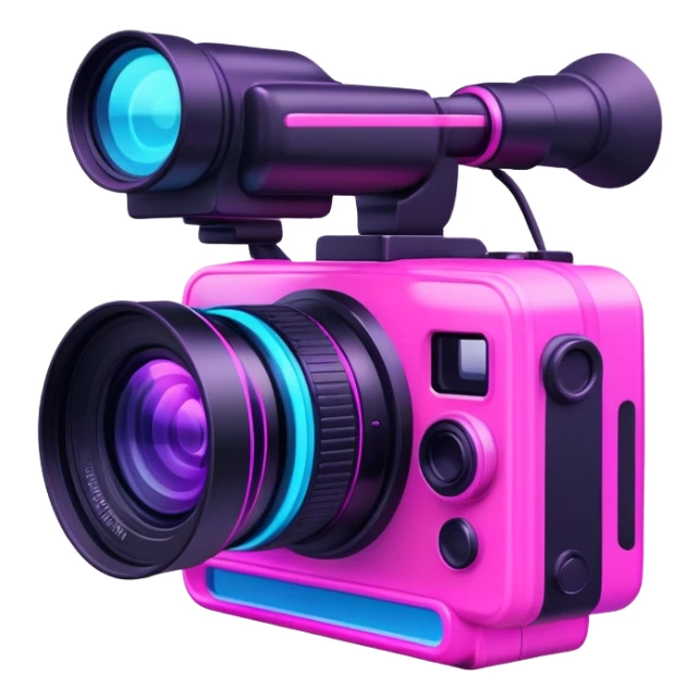 videographer's camera in pink color, with neon glow lines, blue neon glow on top left, purple neon glow on bottom right sticker