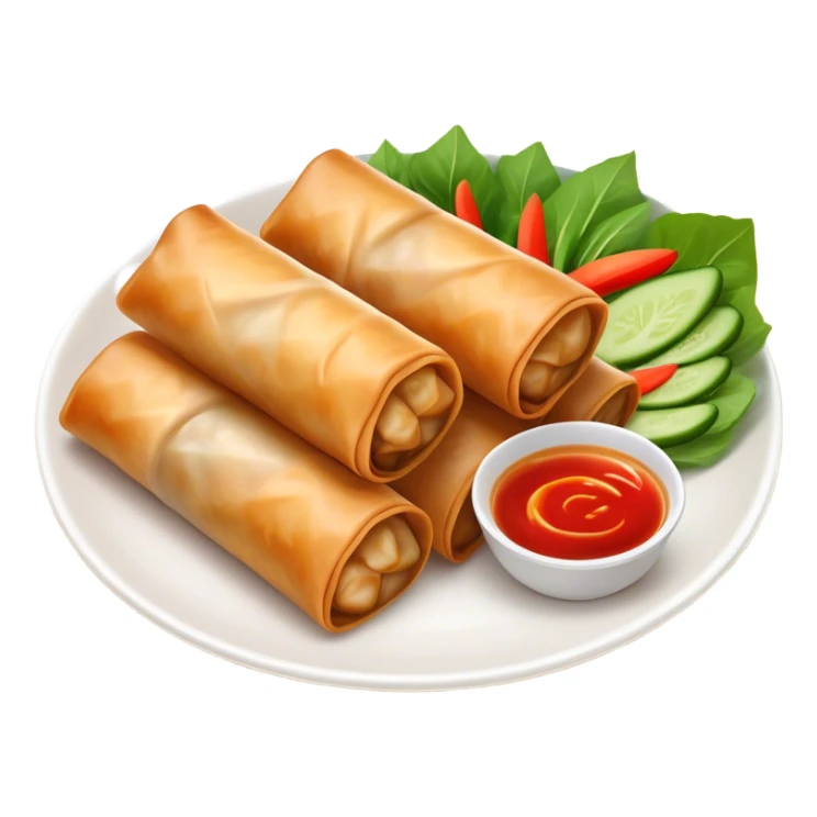 Spring Rolls Cinematic Realistic Spring Rolls Dish Emoji, depicted as 2 perfectly crisp spring rolls served with dipping sauce, rendered with lifelike textures and dynamic, appetizing lighting. sticker