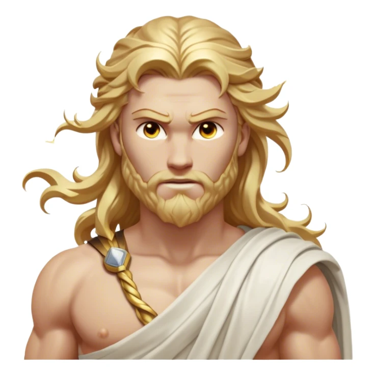 Cinematic Realistic Thor Portrait, depicted as a classical Greek god with a chiseled, sculpted physique reminiscent of ancient marble statues. His fair, luminous skin carries a subtle golden sheen, and his long, wavy, sun-kissed golden hair flows elegantly around his noble face, accentuating his determined, piercing eyes. Draped in a flowing white toga with delicate golden accents and hints of lightning motifs, the portrait is rendered in dynamic natural lighting with a radiant, mythic glow that exudes timeless strength and divine grace. sticker