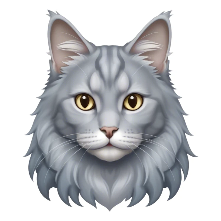 Cinematic Solid Grey Maine Coon Cat Portrait Emoji, Elegant and alert, sleek grey and silver tones with soft undercurrents of blue, Simplified yet sharp features, highly detailed, glowing with a calm, wise glow, high shine, intelligent and poised with a long, wise face that speaks of experience, stylized with an air of grace, focused and attentive, soft glowing outline, capturing the essence of strength and wisdom, so lifelike it feels as though it could spring into motion at any moment, exuding a sense of majestic age and quiet dignity. sticker
