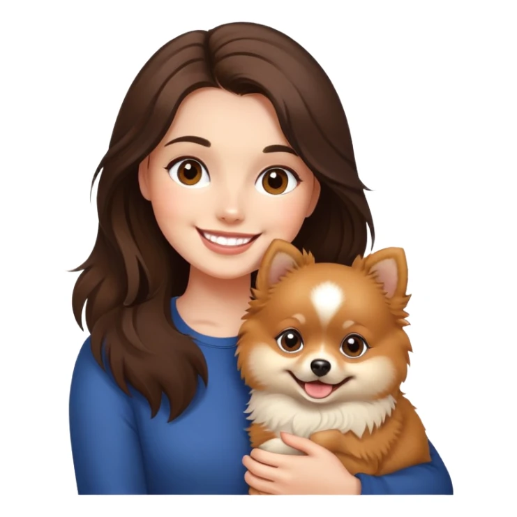 A brunette girl smiling with a pomerania in her hands  sticker