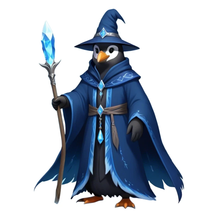 A mysterious penguin mage with sleek midnight-blue feathers, wearing a flowing black robe adorned with silver runes. A tall, pointed wizard hat sits slightly tilted on his head, the brim casting a shadow over his glowing icy-blue eyes. His flipper clutches an ancient wooden staff topped with a swirling crystal, radiating a soft, cold light. Snowflakes drift around him as he stands on a frozen cliff, his aura crackling with arcane energy, ready to summon a blizzard with a flick of his staff. sticker