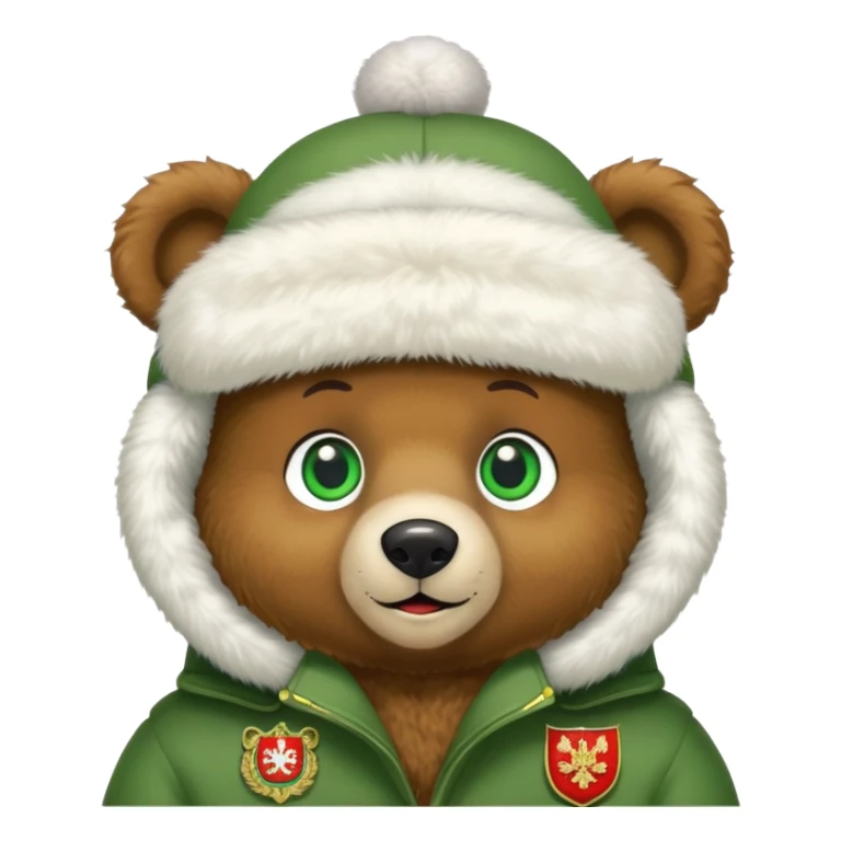 Sweet brown teddy bear face with friendly expression and bright green eyes, snow white furry ushanka hat with detailed Russian Federation coat of arms, iOS emoji style sticker