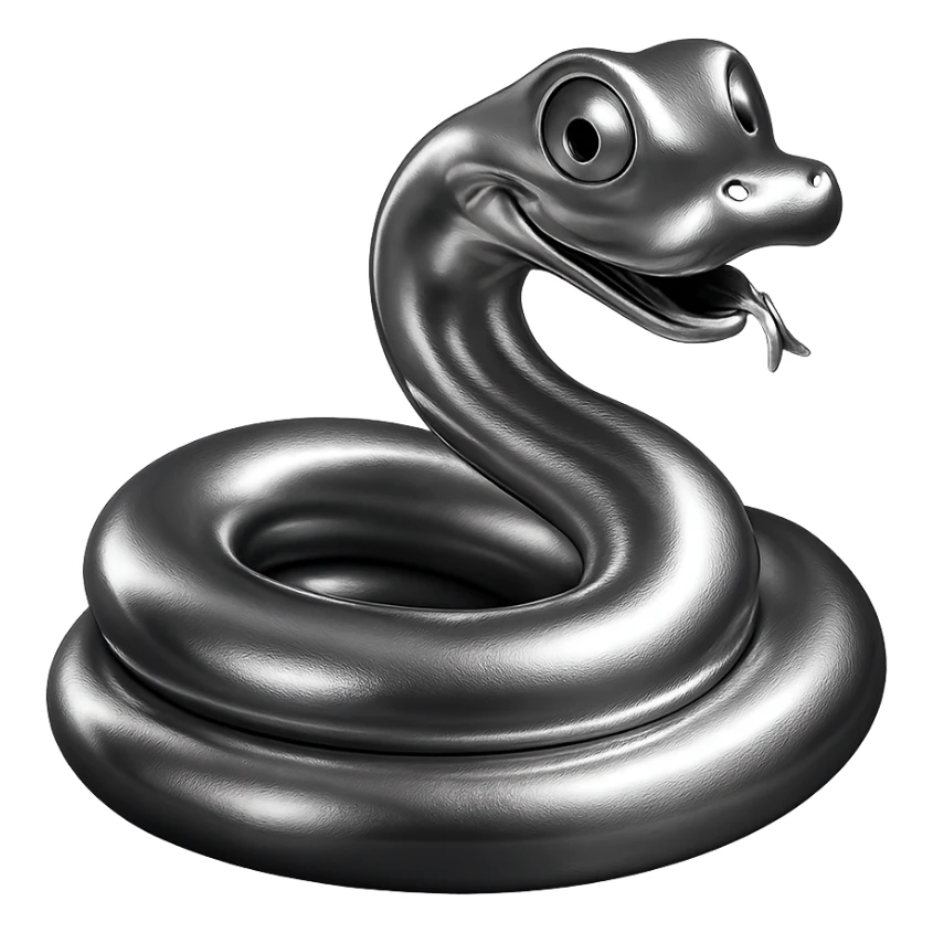 3D chrome snake, shiny metallic, coiled, with a playful expression sticker