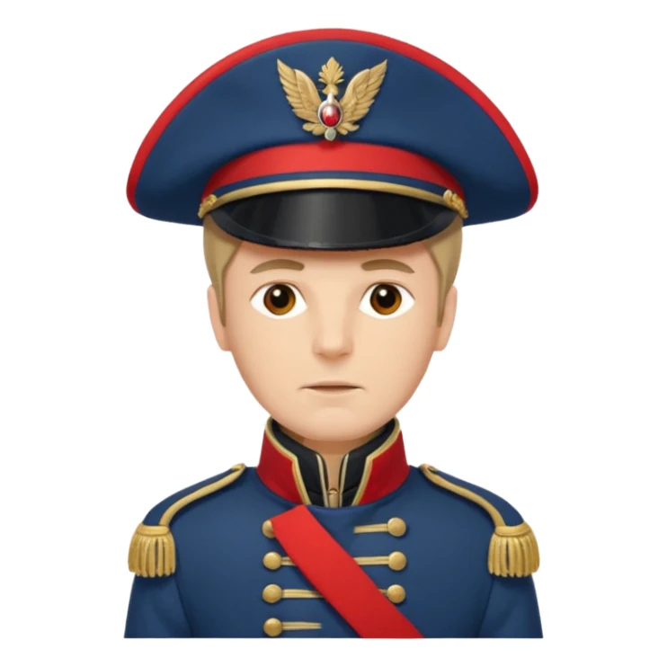 French soldier, Napoleonic era, blue coat, red epaulettes, tall hat sticker