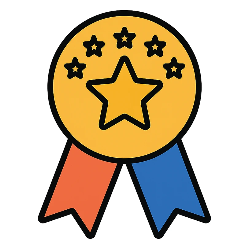 vector icon of a top review with gold and colorful elements, elegant and minimalist flat design, isolated on white background, award badge style, 2D flat vector, trending icon look, soft shadows, no text, perfect for commercial use, icon style, variation 3 sticker